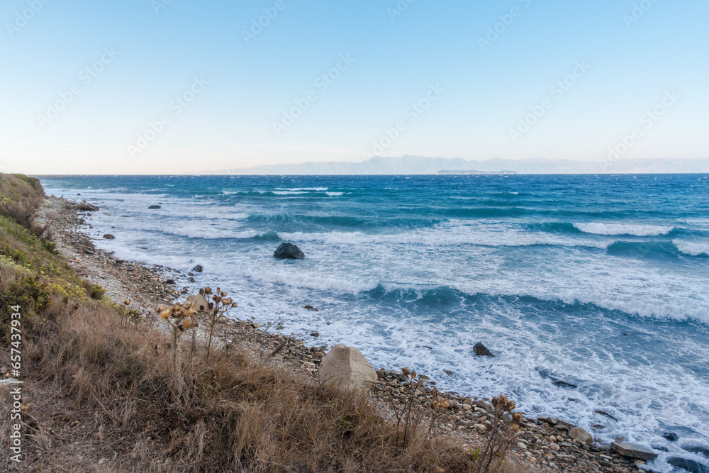 Rough sea in Mathraki island on a windy summer day, Greece
