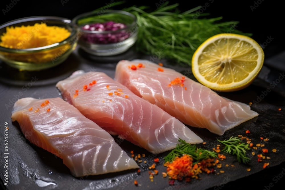 citrus fruit slices on top of raw marinates fish on a dark surface citrus fruit slices on top of raw marinates fish on a dark surface