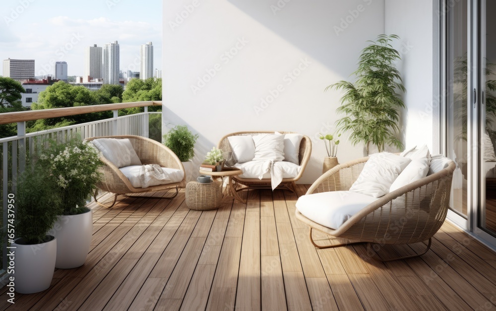 Modern loft balcony with wooden floors, concrete walls and rattan furniture. Generative AI - obrazy, fototapety, plakaty 