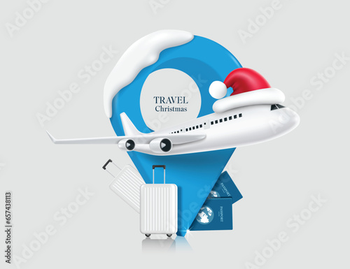 international passenger plane wearing red Santa hat takes off against backdrop of blue pin location, snow, luggage and passports for Christmas travel design