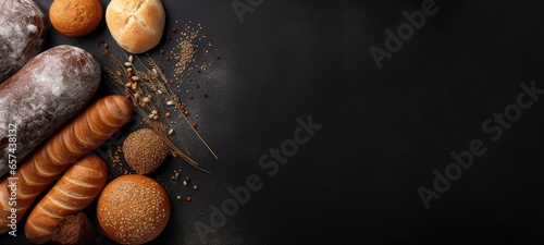  assortment of different types of breads on dark black  background from above, top view, flat lay, copy space,  ai generative