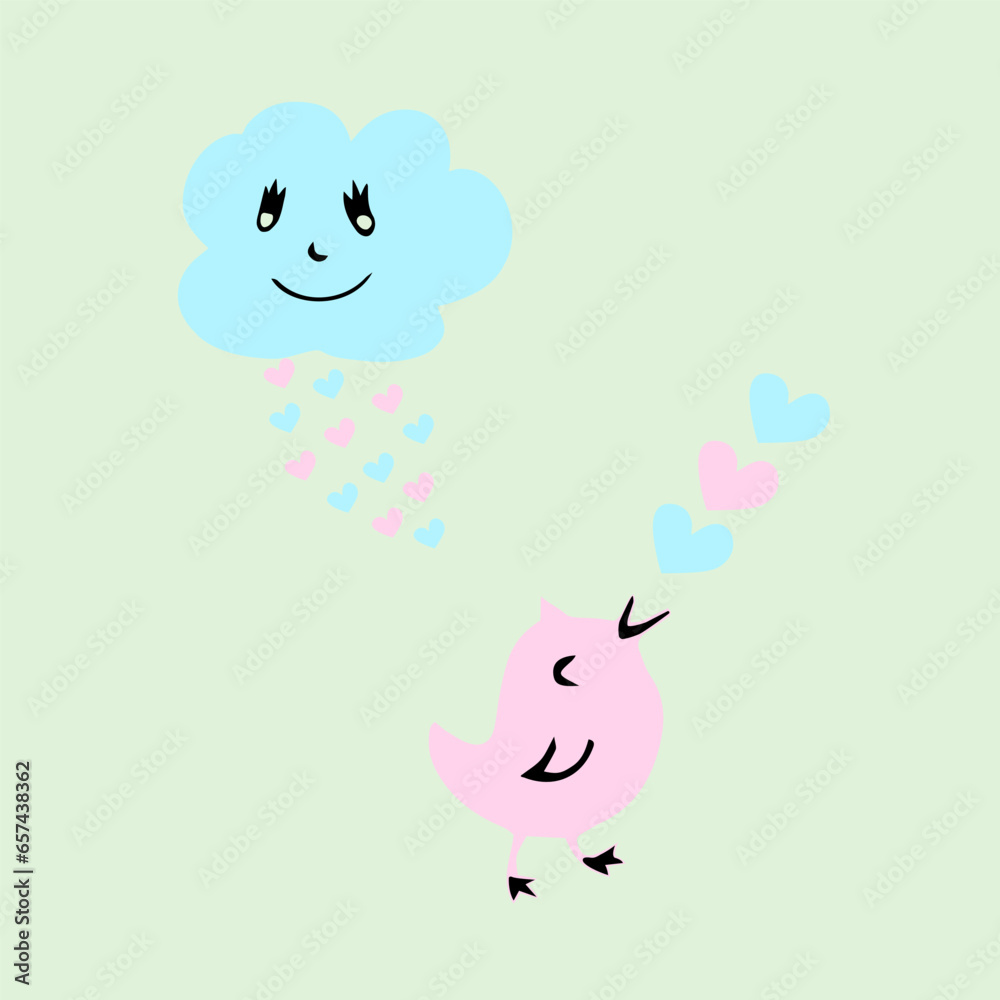 Cloud pours hearts on a singing bird. Romantic illustration. Vector hand-drawn doodles. Design of a postcard, template. Sketch, icon, clipart.