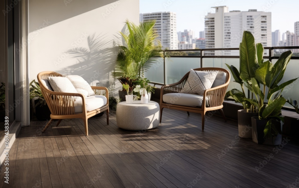 Obraz premium Modern loft balcony with wooden floors, concrete walls and rattan furniture. Generative AI
