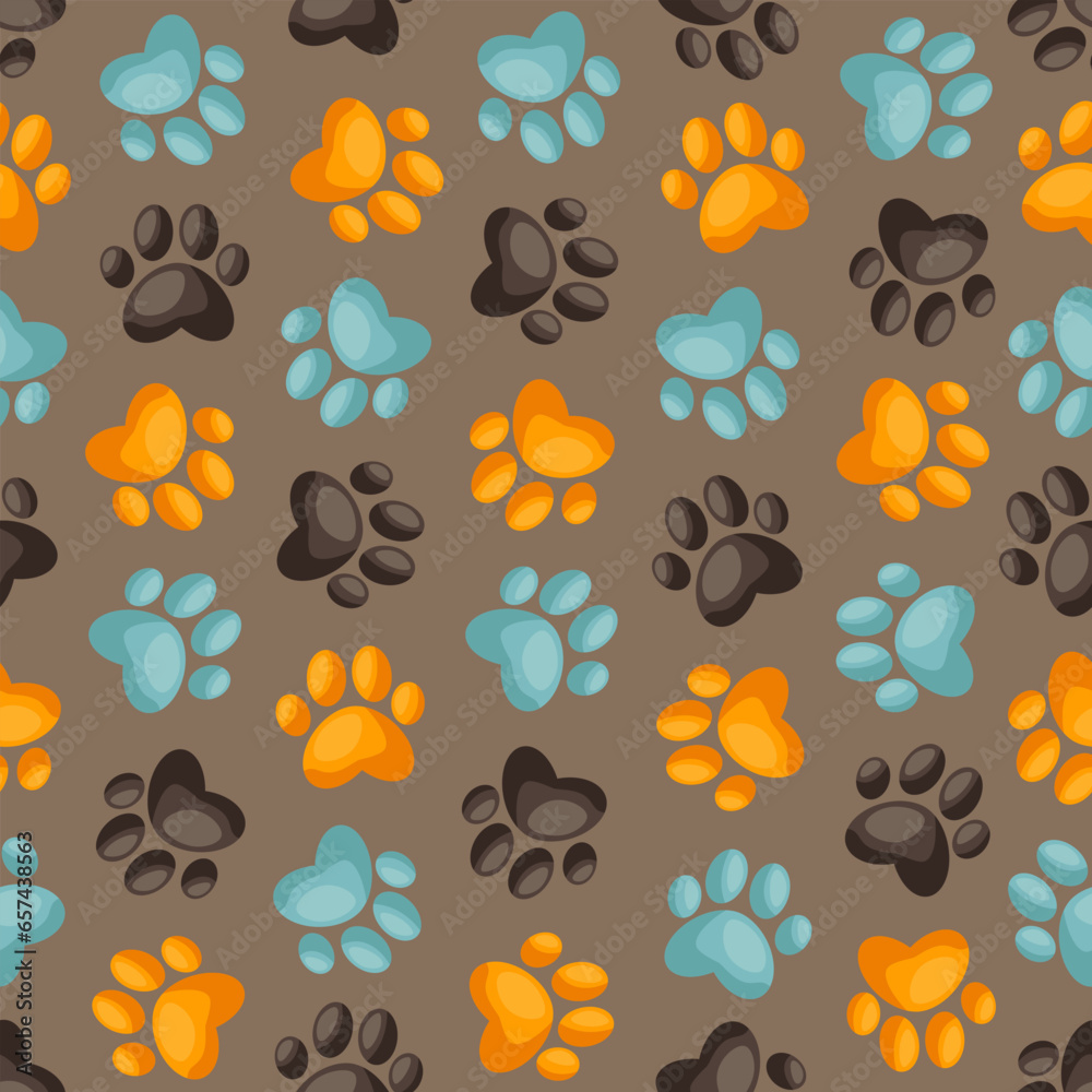 Fototapeta premium Paw pet vector seamless pattern, dog or cat footprint texture, foot track wallpaper. Cute colorful background with animals footprints, seamless pattern vector, footprint color background repeat.