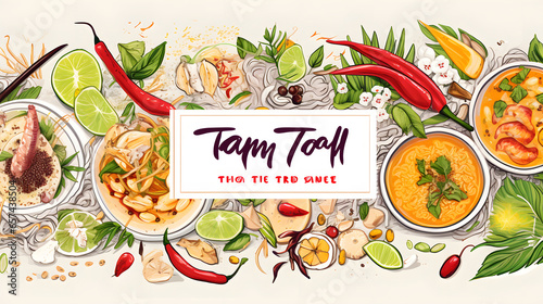 Thai food top view vector illustration. Food menu design template. Hand drawn sketch. Thai food menu. Vintage style. Tom yum, som tam, noodle soup, tom kha gai, mango stiky rice. photo