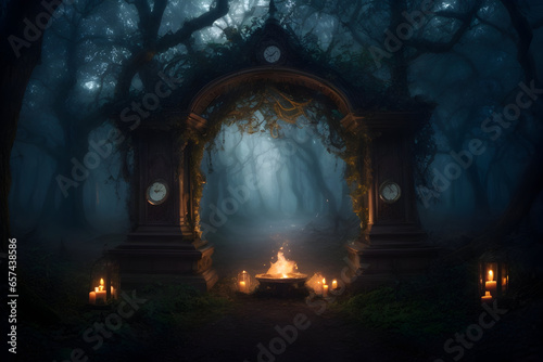 Ghost entrance  graveyard in the night  scary halloween ghost  Haunted Archways  A Spine-Chilling Journey Into the Jungle Abyss