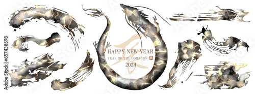 辰年, 辰, 龍, 年賀状, 2024年, ドラゴン, 正月, ベクター, 筆文字, 筆, 見出し, フレーム, セット, 金箔, イラスト, 