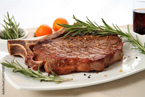 t-bone steak on a white ceramic plate with rosemary
