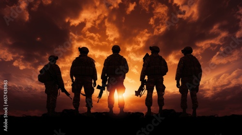 The military silhouettes of soldiers hold gun against with sunset sky background.