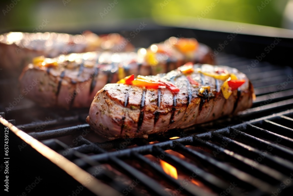 grilled tuna steaks on a backyard barbeque grill