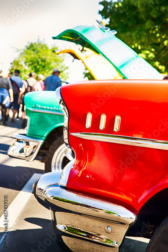 Colorful vintage 50s cars at show.