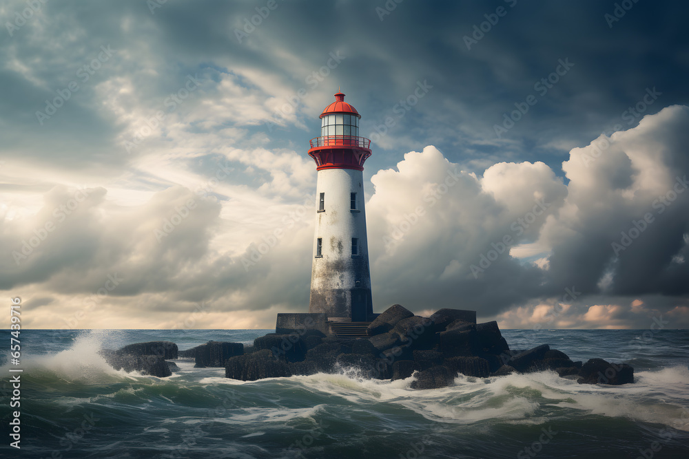 Tall lighthouse at the north sea under a cloudy sky