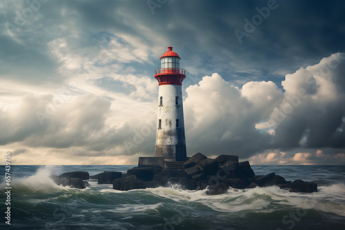 Tall lighthouse at the north sea under a cloudy sky