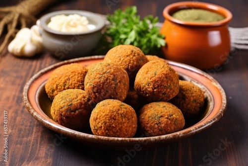 freshly made falafel balls on a terracotta colored clay plate
