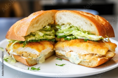 halved fish sandwich showing inner details