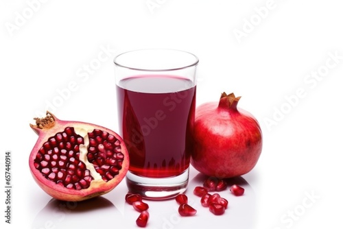 fresh pomegranate and a glass of juice on a white background