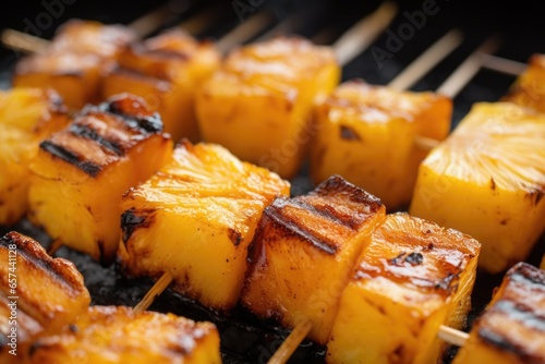 close-up shot of skewers showing texture of pineapple chunks