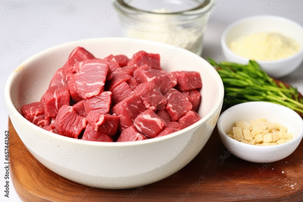 raw steak tips in a bowl with freshly minced garlic raw steak tips in a bowl with freshly minced garlic