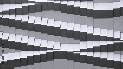 Geometric steps pattern of aluminium composite tile wall decoration background with light reflection on surface in black and white style 