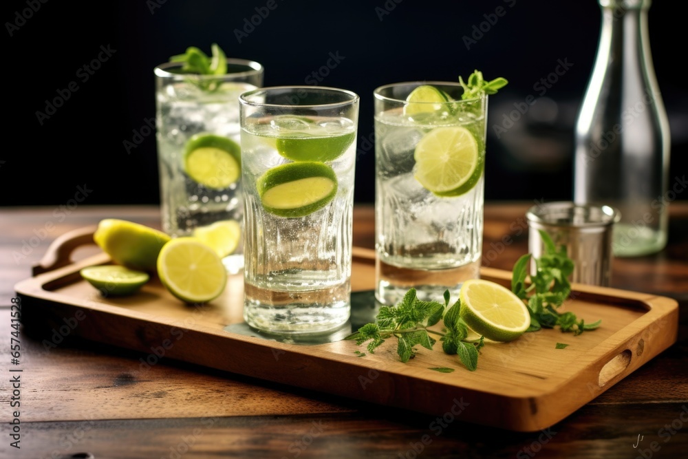 Fototapeta premium multiple glasses of gin and tonic on a wooden tray
