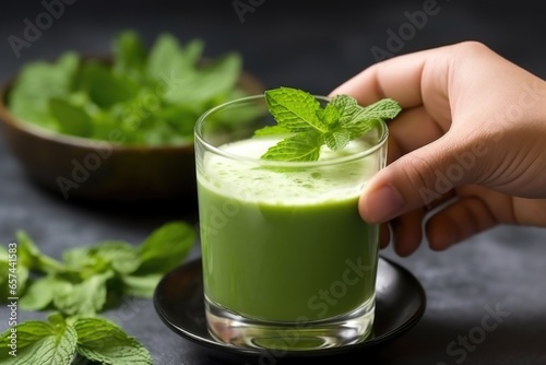 close-up of a hand garnishing a glass of iced matcha tea with mint leaves