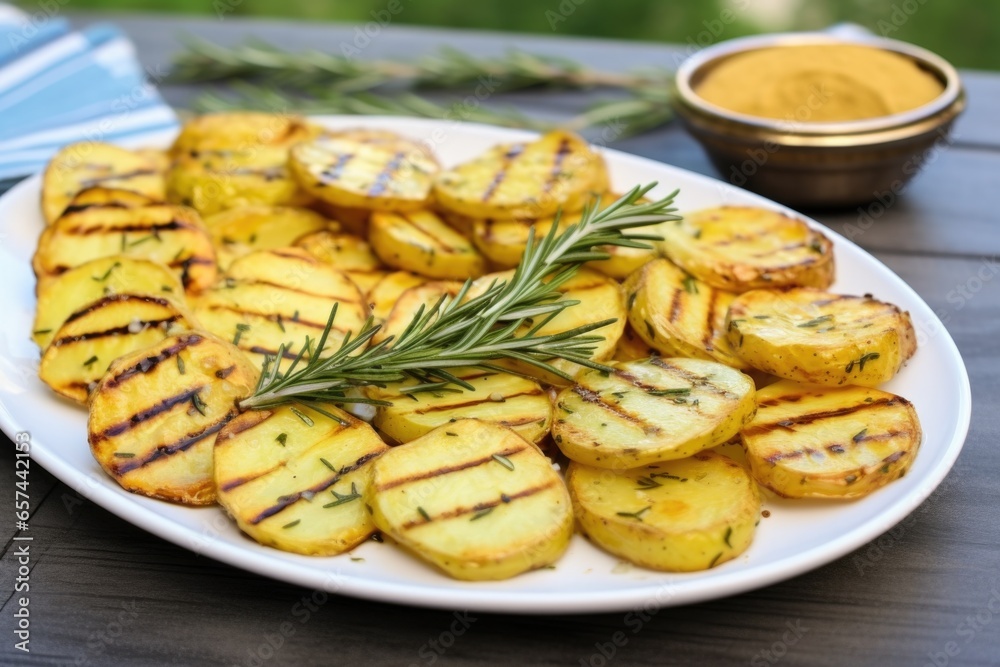 grilled potatoes and rosemary on a serving platter grilled potatoes and rosemary on a serving platter