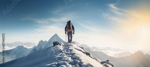 Adult hiker climbing snow mountain. Generative AI technology.