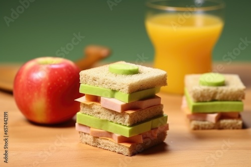 toy-block shaped sandwich with a side of applesauce