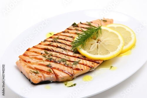 a grilled salmon steak garnished with lemon and herbs on a white plate