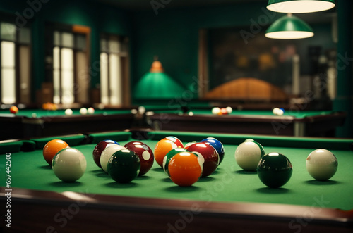 Billiard table with green surface and balls in a billiard club. photo