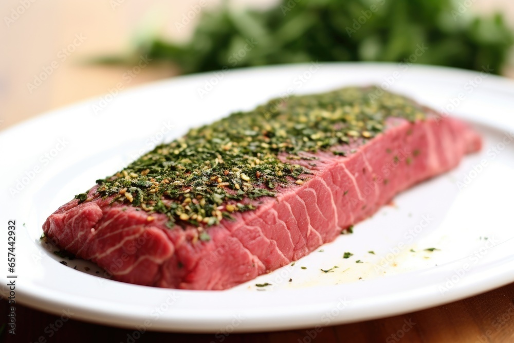 herb rub beef steak on a white dinner plate uncooked