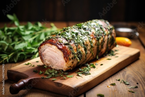 pork loin pleasantly covered in mixed herbs, on a wooden table