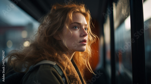Young caucasian woman on a train staring straight contemplating © wanderfool