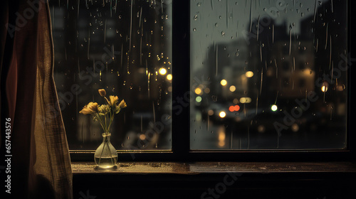 rainy day,rain soaked view on the windows at night