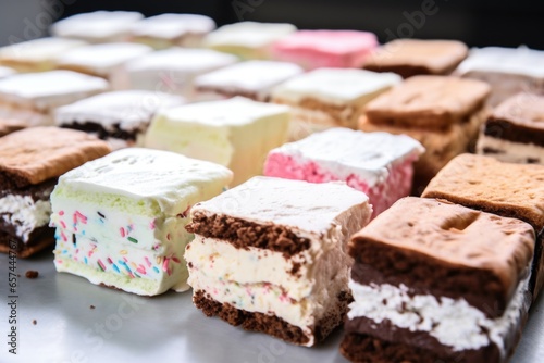 display of multiple ice cream sandwiches with assorted flavors in a row