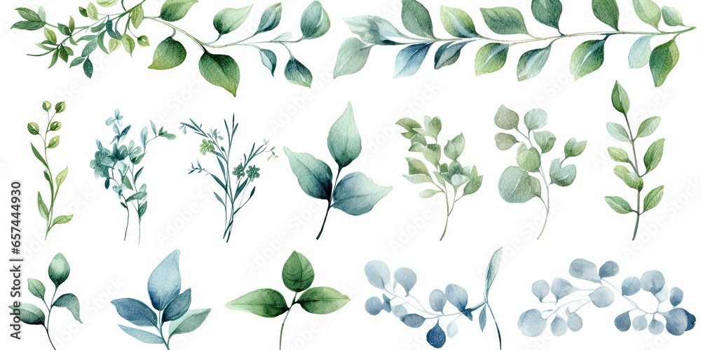 Watercolor botanical illustrations. Summer palette. Greenery and floral delights on white background isolated. Rustic elegance. Hand drawn collection. Eucalyptus dreams. Nature green beauty - obrazy, fototapety, plakaty 