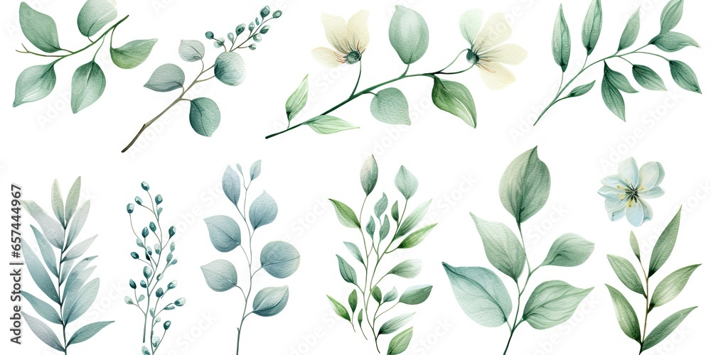 Watercolor botanical illustrations. Summer palette. Greenery and floral delights on white background isolated. Rustic elegance. Hand drawn collection. Eucalyptus dreams. Nature green beauty - obrazy, fototapety, plakaty 