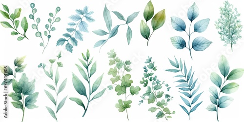 Watercolor botanical illustrations. Summer palette. Greenery and floral delights on white background isolated. Rustic elegance. Hand drawn collection. Eucalyptus dreams. Nature green beauty