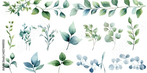 Watercolor botanical illustrations. Summer palette. Greenery and floral delights on white background isolated. Rustic elegance. Hand drawn collection. Eucalyptus dreams. Nature green beauty