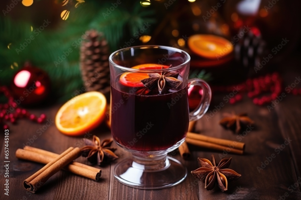 glass of mulled wine surrounded by whole spices on a table glass of mulled wine surrounded by whole spices on a table