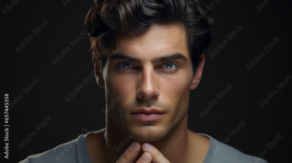 Obraz premium Close-up portrait of a handsome young man on black background