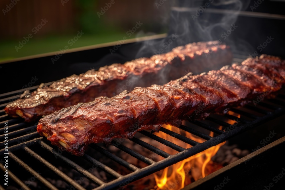 kansas city ribs on a grill with smoke curling kansas city ribs on a grill with smoke curling