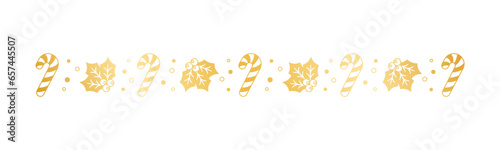 Gold Christmas themed decorative border and text divider, Mistletoe and Candy Cane Pattern Silhouette. Vector Illustration.