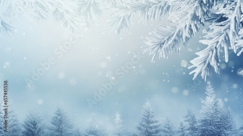 Winter frosted forest woodland branches of spruces pine trees with copy space banner background, snowfall snowflakes.  © Alina Nikitaeva
