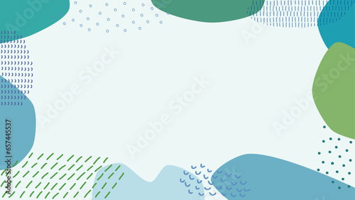 緑や青の流体シェイプと線画のフレームイラスト