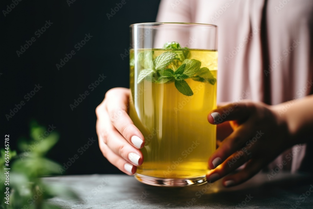Obraz na plátně hand holding a tall glass of iced green tea