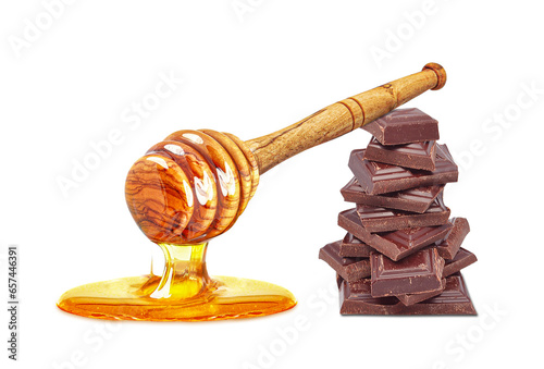 chocolate slices and dripping honey isolated on white background
