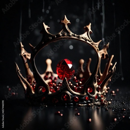 black and bronze crown of bones, red jewels, surrounded by red liquid and bla...