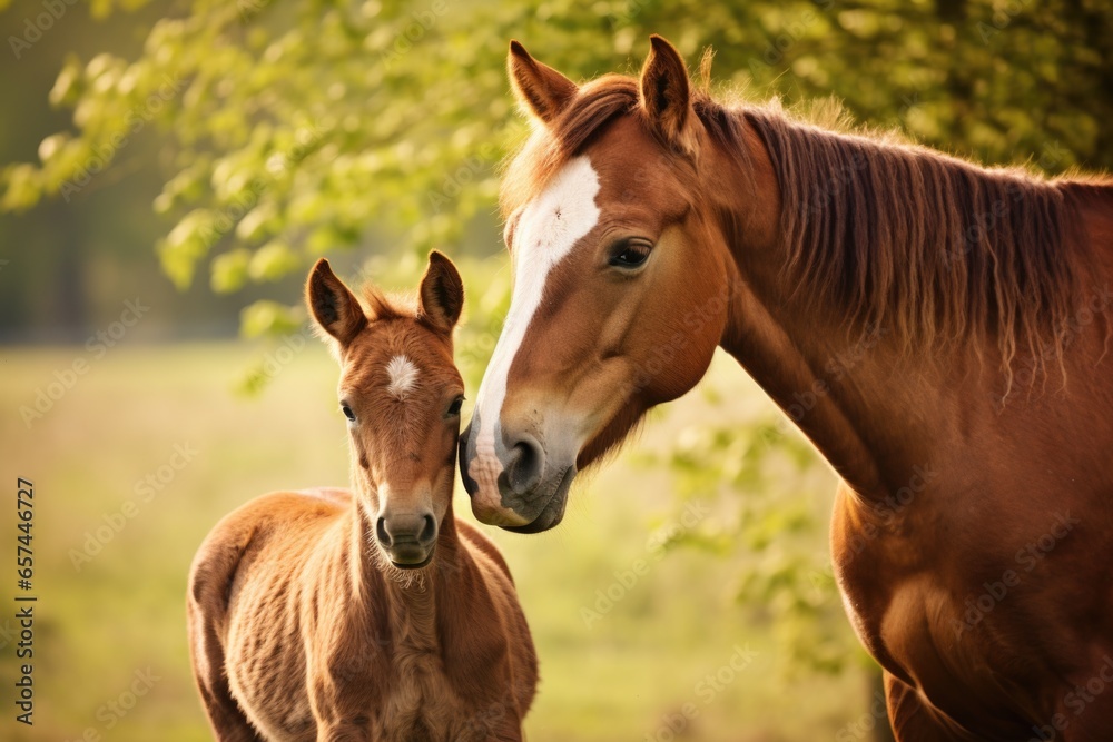 a horse nuzzling its foal in a pasture a horse nuzzling its foal in a pasture