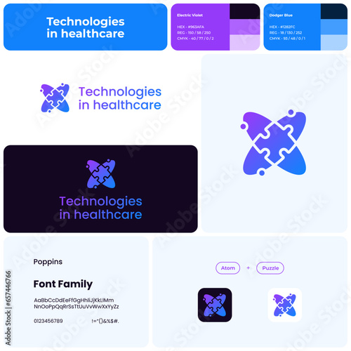 2D technologies in healthcare logo with brand name. Atom and puzzle icon. Design element and visual identity. Template with poppins font. Suitable for healthcare, technology, medical, innovation. photo